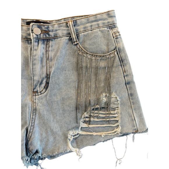 Blue B Rhinestone Fringe Distressed Denim Jean Shorts Women’s Size Large - Picture 4 of 10